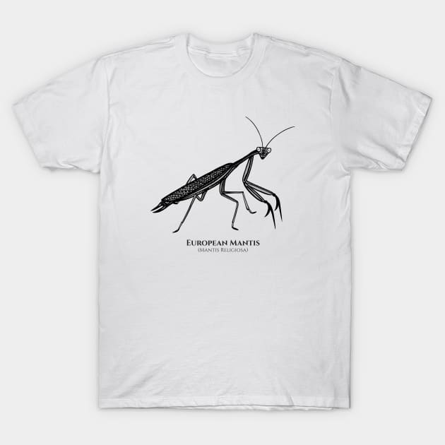 Praying Mantis with Common and Latin Names - on white T-Shirt by Green Paladin